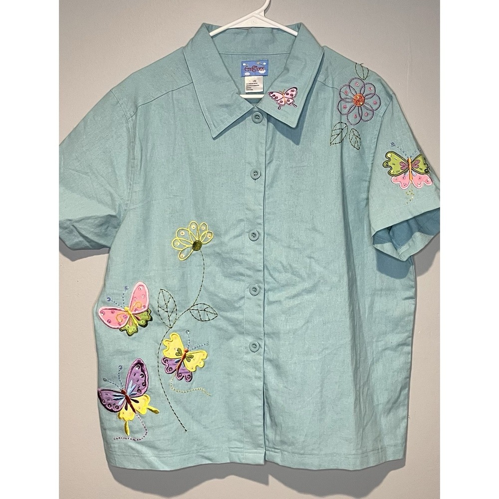 Cre8ions Linen Butterfly Embroidered Button Shirt Lrg Pastel Cottagecore Top